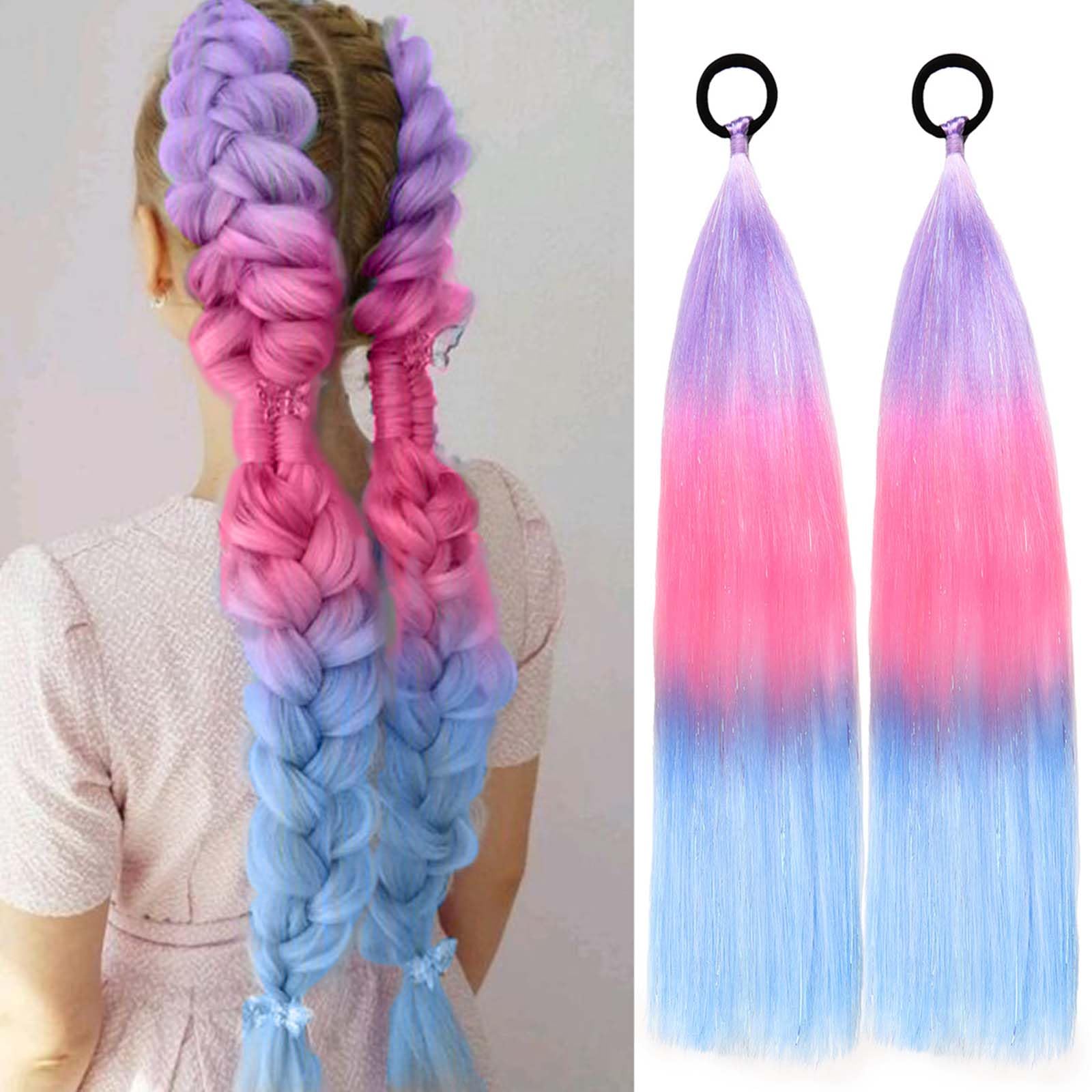 Rainbow Ponytail Extensions With Hair Tie 2 Packs 40g/Pack Coloured Hair Extensions for Braiding 18 inch Colorful Ombre Mermaid Pony Tail Synthetic Hair Extensions for Girl Women SS36 โ image 1
