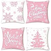Bonhause Pink Christmas Snowflakes Throw Pillow Covers 18x18 Inch Xmas Tree Let It Snow Winter Holiday Decorative Pillows Soft Velvet Cushion Covers for Outdoor Couch Sofa Decor Set of 4