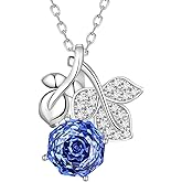 Aurora Tears Birthstone Rose Pendant Necklace - 925 Sterling Silver Rose Cut Cubic Zirconia Flower Leaf Necklace Anniversary Birthday Jewelry Gift for Women Wife Mom Daughter