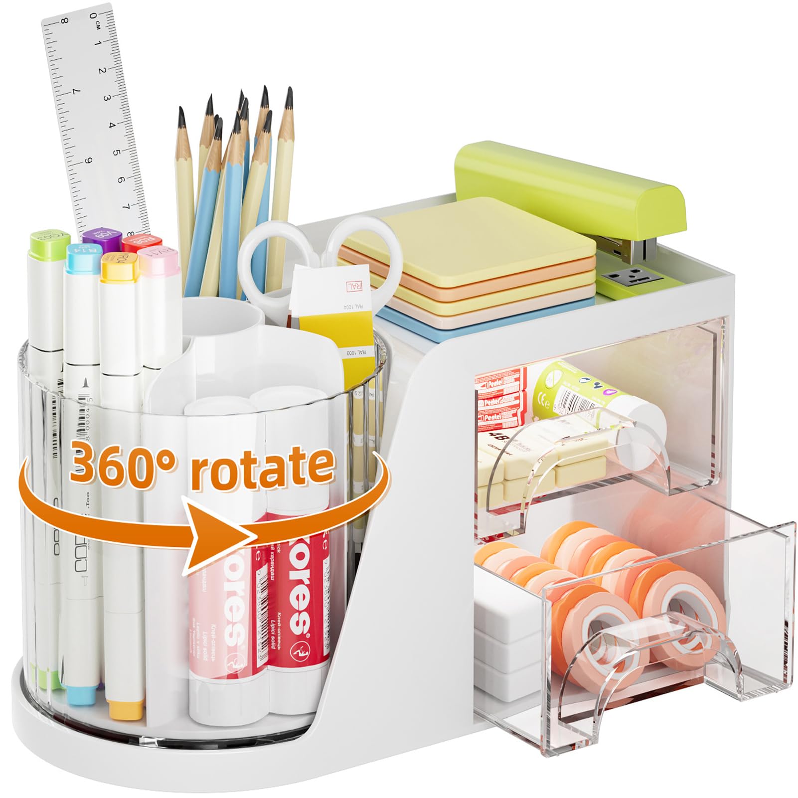 Photo 1 of Marbrasse Desk Organizer with 2 Drawer, 360°Rotating Pen Holder, Desk Organizers and Accessories with 6 Slots Pencil Organizer + 2 Drawer, Art Supply Storage Box Caddy for Office (White)