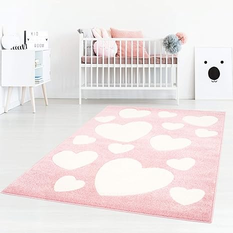 Taracarpet Kinderzimmerteppich für Mädchen süße Herzen Rosa Creme 080x150 cm