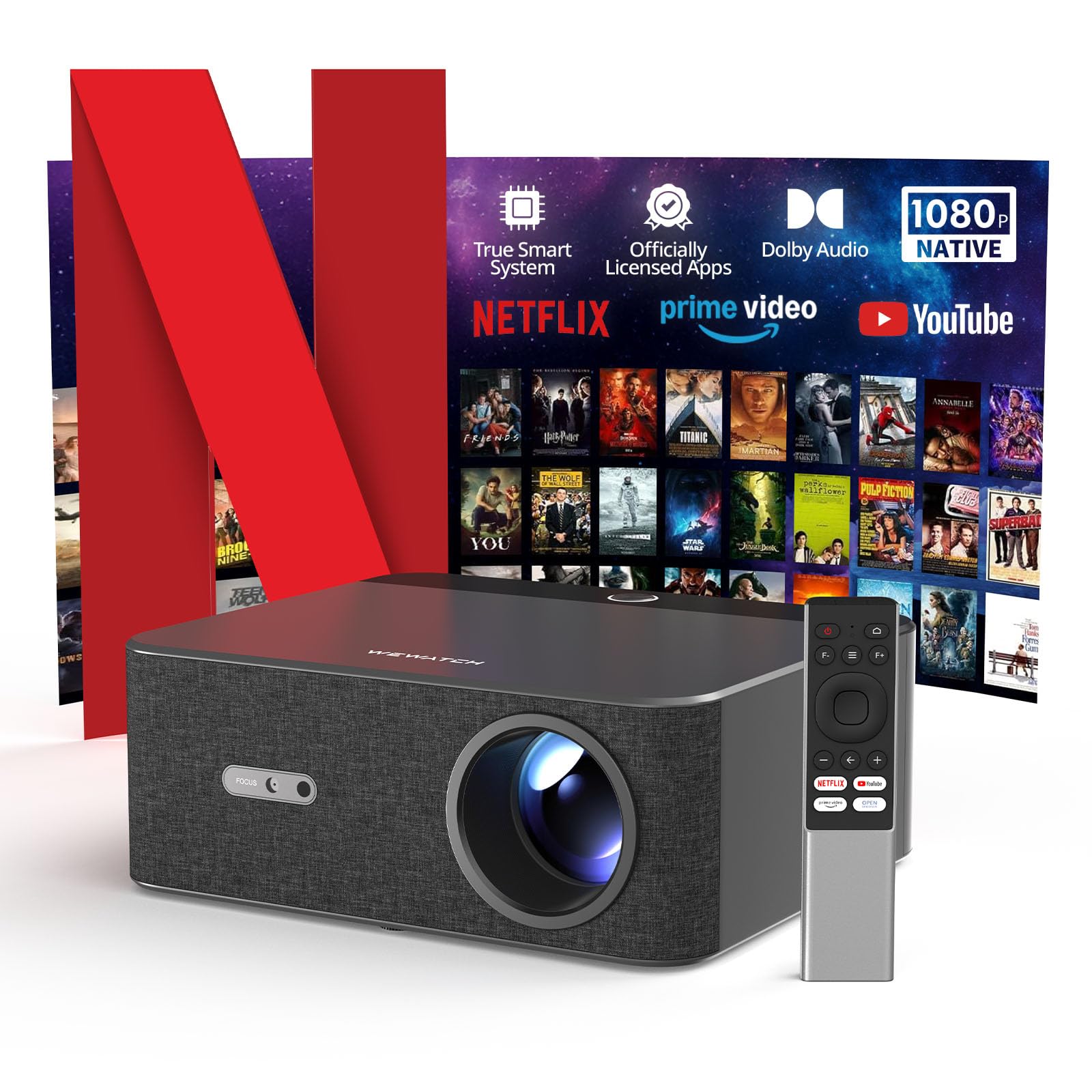 Photo 1 of [800 ANSI, Official-NetfIix] Smart Projector, Auto Focus & Keystone, Native 1080P Projector with WiFi & Bluetooth, 40-300" Display, Dolby Audio, Home Theater Projectors for Bedroom Outdoor