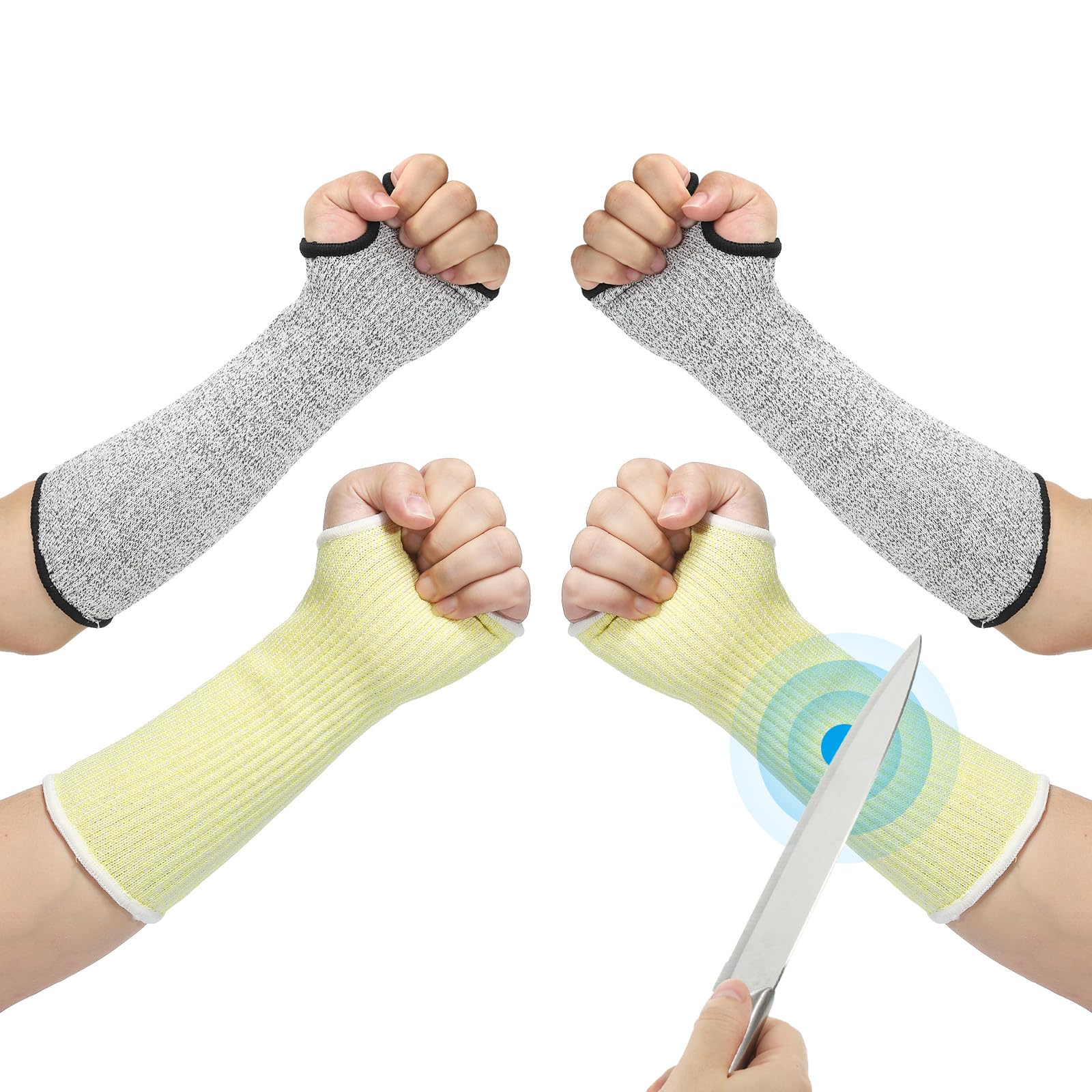 PATIKIL 10 Inch Cut Resistant Sleeve, 2 Pairs Arm Safety Protectors Sleeves with Thumb Hole Level 5 Protection Forearm Guard Sleeves for Thin Skin and Bruising, XS, Yellow/Gray