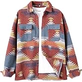 VIEWON Men's Casual Aztec Print Button Down Woolen Long Sleeve Lightweight Lapel Western Shacket Jacket Coat