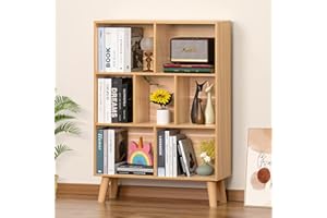 LEYAOYAO Wooden 7 Cube Book Shelf, Natural 3 Tier Bookshelf with Legs, Modern Open Storage Organizer,Boho Bookcase,Display Cabinet Shelf Free Standing Bookshelves for Bedroom,Living Room,Office