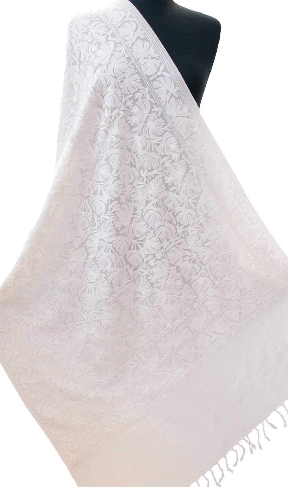 White Wool Bridal Shawl With Chinar Leaf Embroidery Elegant Wedding Wrap 82x29"