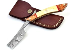 MARSHBLADES Damascus Straight Razor, Custom Shaving Blade for men, Ready to use, Damascus Steel Barber Approved Straight Edge Razor, Men’s Razor with Leather Case, Close Shave, Great Gift (Bone)