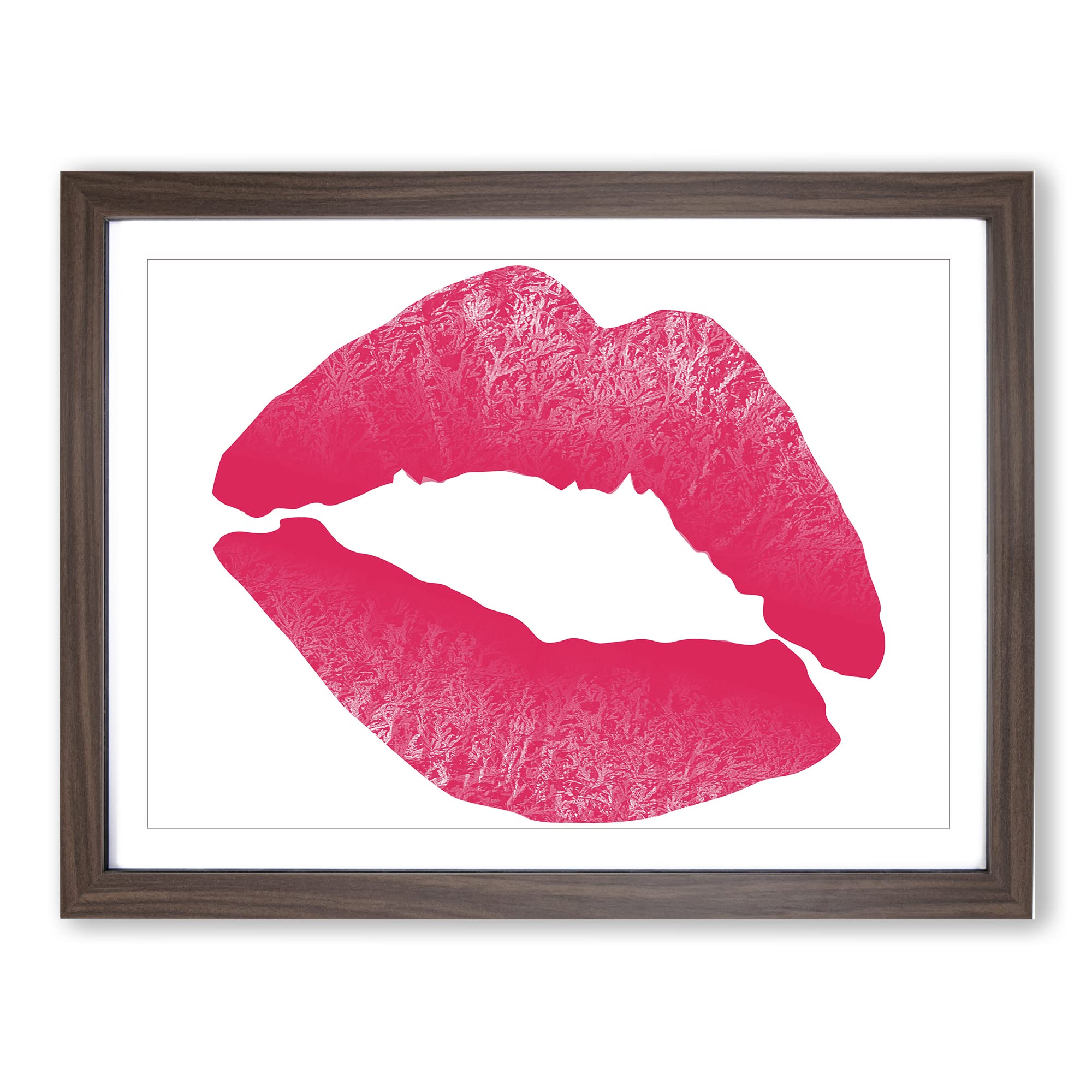 Hot Pink Lips Kiss Modern Framed Wall Art Print, Ready to Hang Picture for Living Room Bedroom Home Office Décor, Walnut A3 (46 x 34 cm)