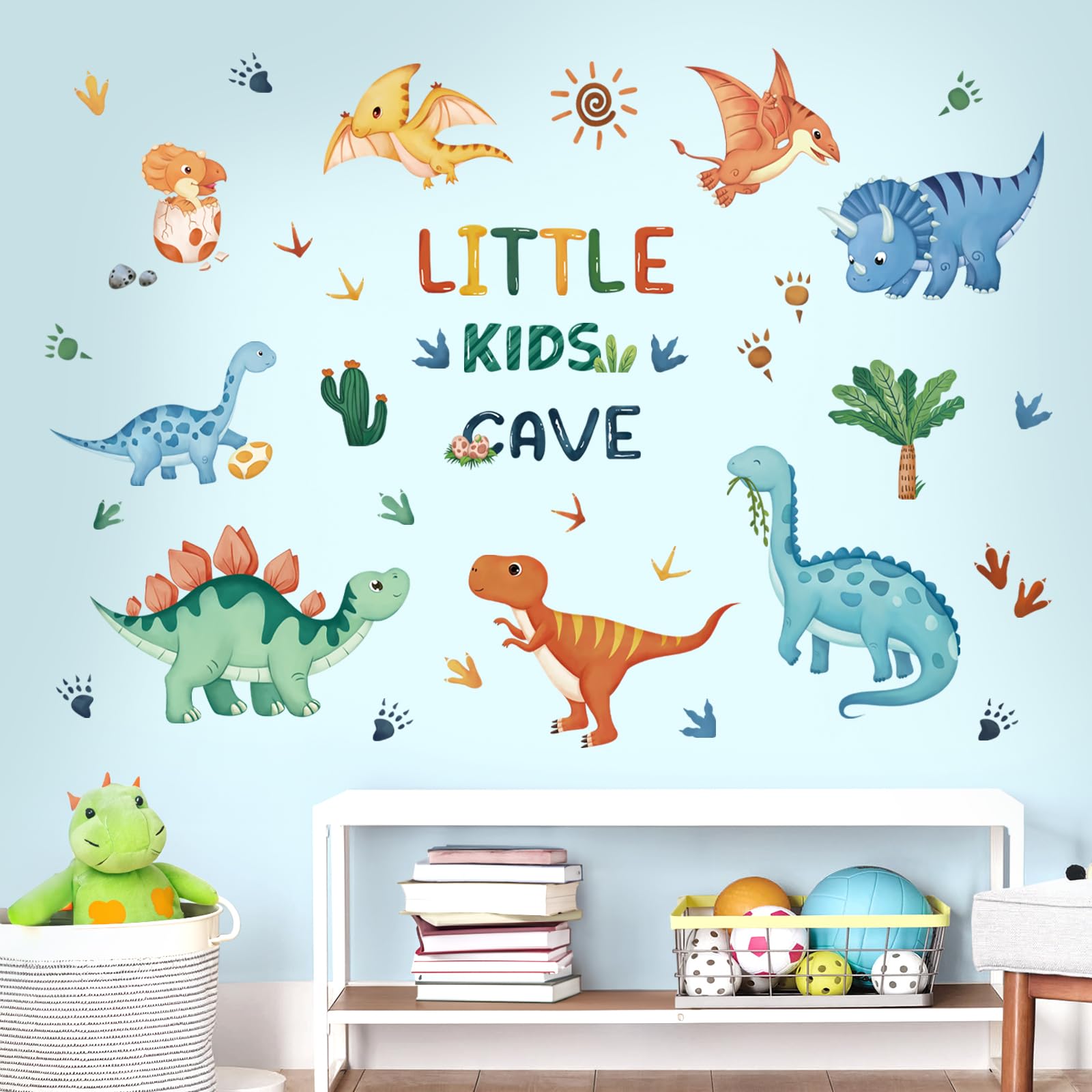 decalmile Watercolor Dinosaur Wall Decals Dino Tropical Plants Wall Stickers Baby Boy Kid Bedroom Playroom Wall Decor
