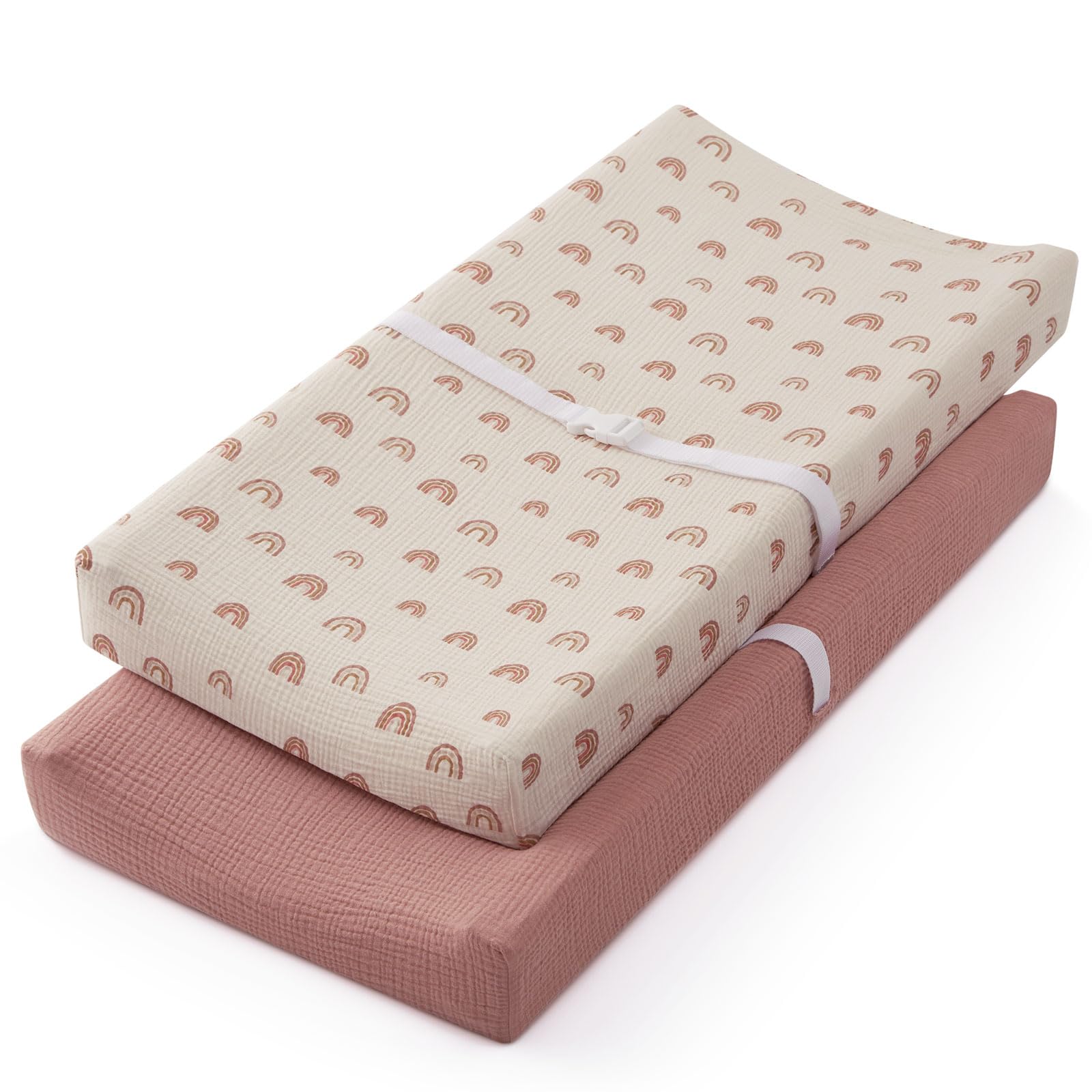 Photo 1 of Blissful Diary Muslin Changing Pad Cover for Girls Boys, Ultra Soft Breathable Cotton, Baby Diaper Change Table Pad Covers, 2Pack (Dusty Pink&Rainbow)