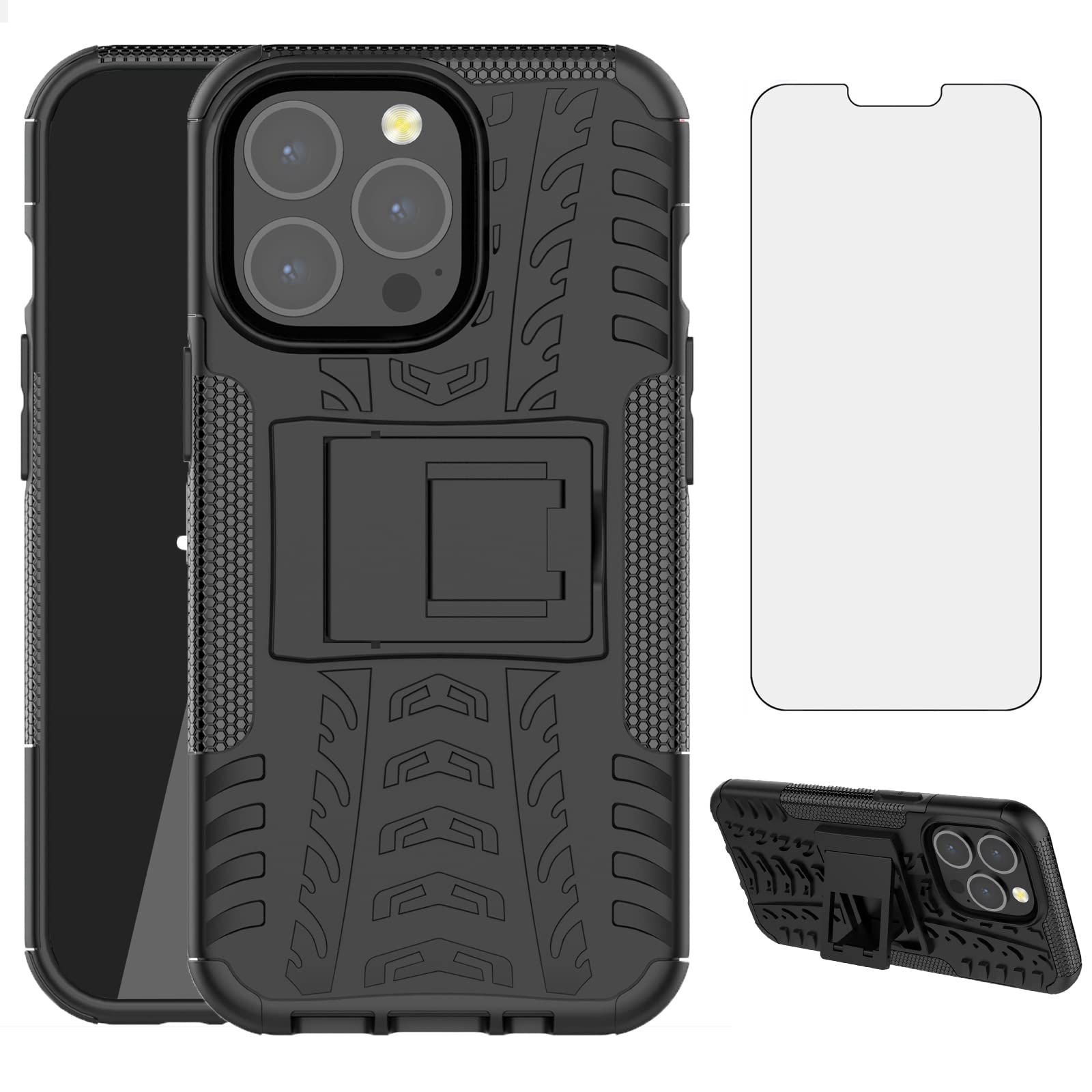 Phone Case for iPhone 13 Pro Max 2021 6.7 inch and Tempered Glass Screen Protector with Stand Kickstand Hybrid Protective Cell Accessories iPhone13promax 5G i Phone13Max Plus iPhone13 ProMax Men Black