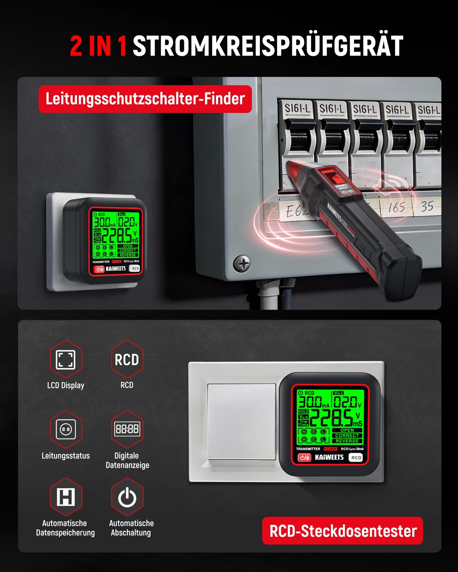 KAIWEETS Sicherungsfinder Set mit 2,2 Zoll LCD, Steckdosentester mit RCD-Test zur Verdrahtungsprüfung, Leitungssucher mit NCV und LED-Taschenlampe für Elektriker und Heimgebrauch 6