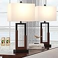 Maxax Farmhouse Table Lamps Set of 2 with USB & Type-C Port, 3-Way Dimmable Wood Bedside Lamps, 30" Tall Nightstand Lamps with White Rectangular Lampshade for Bedroom Living Room (ETL Certified)