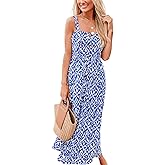 CUPSHE Women Ruffle Summer Dress 2025 Square Neck Straps Button Front Casual Sundress Holiday Vacation Beach Maxi Dress