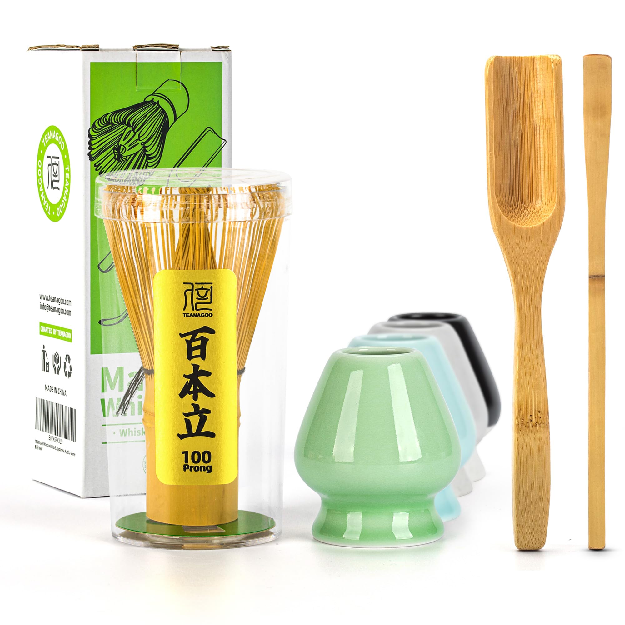 TEANAGOO Matcha Whisk (Chasen), Bamboo Matcha Set, 4 Pcs Traditional Starter Matcha Kit, Scoop (Chashaku) Tea Spoon Whisk Holder, Matcha Whisk Set, Traditional Japanese Matcha Stirrer Set