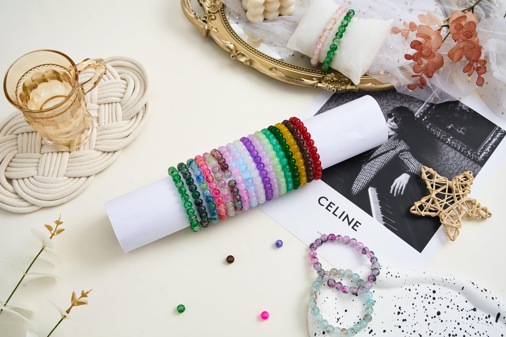 【2 Pack】 More Than 1300PCS Round Glass Beads for Jewelry Making,48 Colors 8mm Crystal Beads for Bracelets Jewelry Making and DIY Crafts, 2 Box Round Beads Suitable for Beginners. (Solid+Printing)