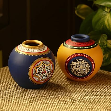 ExclusiveLane Madhubani & Warli Handpainted Living Room & Bedside Home Decorative Flower Terracotta Vases (Set of 2, Blue & Yellow)