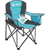 VILLEY Camping Chair, Oversized Folding Camp Chair, Portable Outdoor Chairs Support 450 LBS with Padded Seats, Cooler Bag, Cup Holder, Carry Bag, Blue