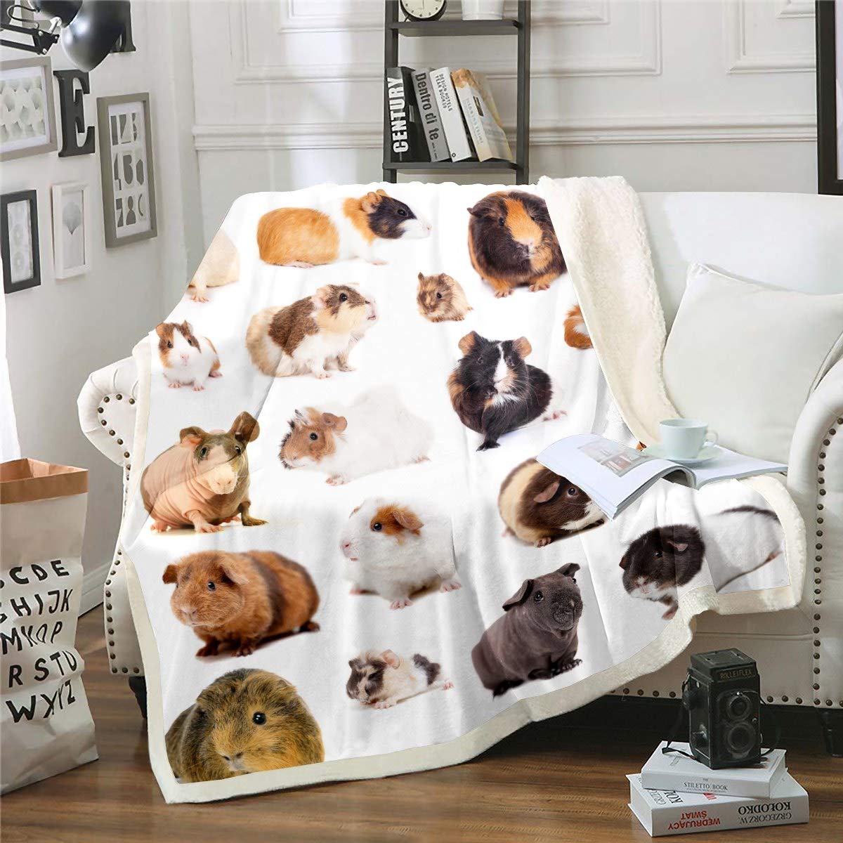 Cute Guinea Pig Sherpa Throw Blanket 3D Cavy Pattern Lovely Pet Printed Warm Plush Blanket for Sofa Couch Microfiber Animal Theme Room Decor Single 50"x60"