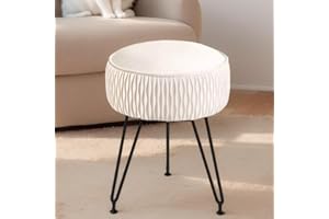 MOOWIND Velvet Vanity Stool Footrests, Round Ottoman Vanity Chairs with Anti-Slip Feet, Dressing Table Seat Foot Stool with Black Legs, Furry Padded Seat Side Table for Makeup Bedroom, White