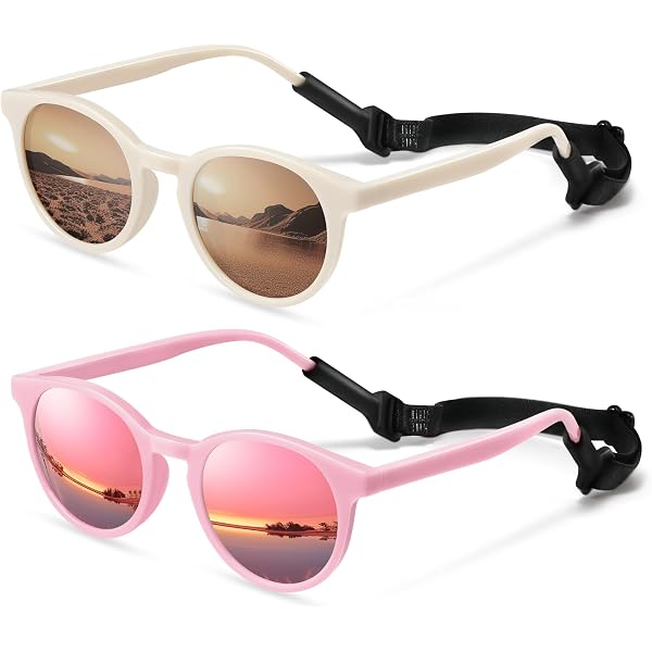 LIU·WEN Lindas gafas de sol polarizadas para bebé con correa, marco flexible para bebés recién nacidos de 0 a 24 meses, A1 Rosa/Rosa Espejo + Espejo Negro/Azul, M