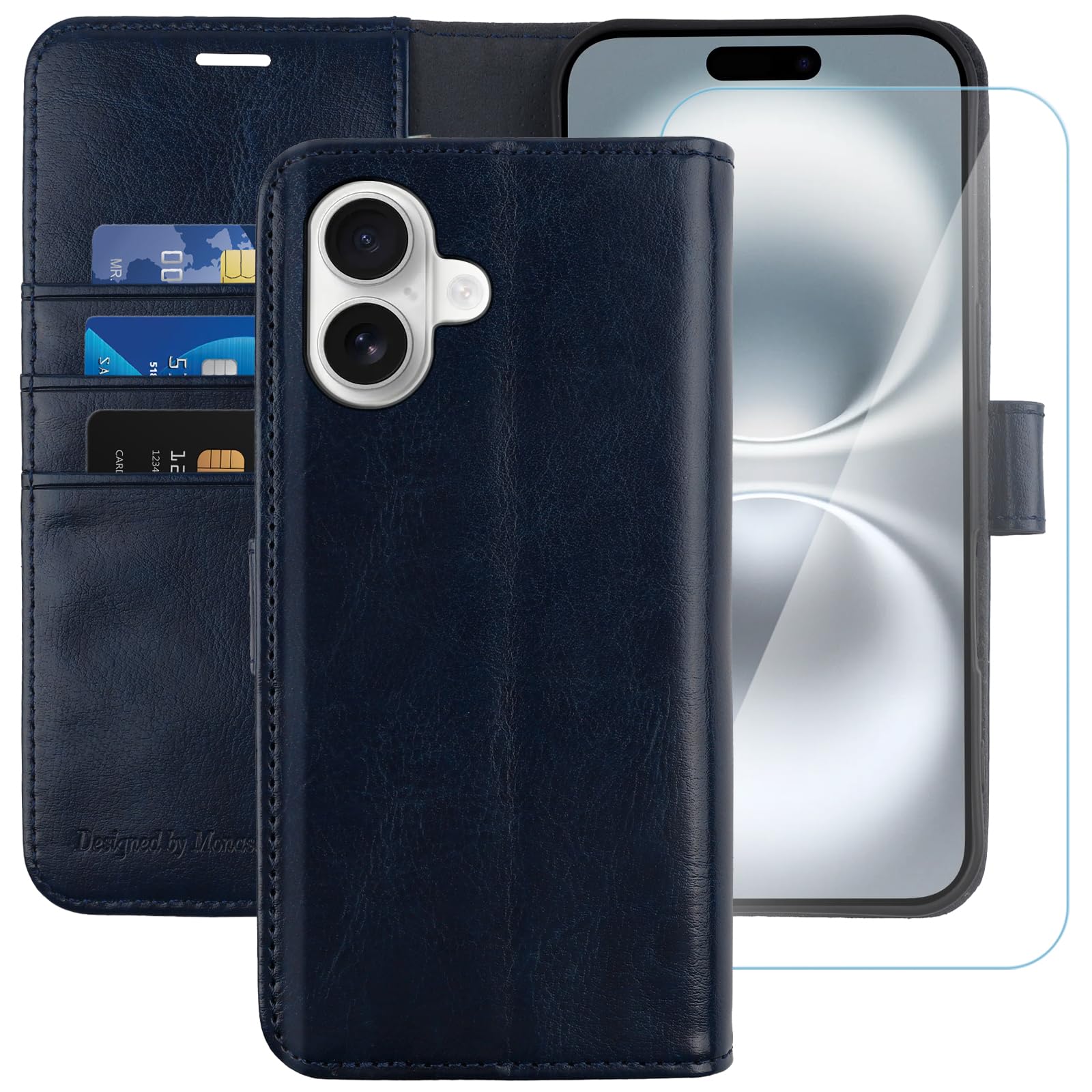 MONASAY for iPhone 16 Plus 5G Wallet Case,[Glass Screen Protector Included] [RFID Blocking] Flip Folio Leather Cell Phone Cover with Credit Card Holder, 6.7-inch, Blue
