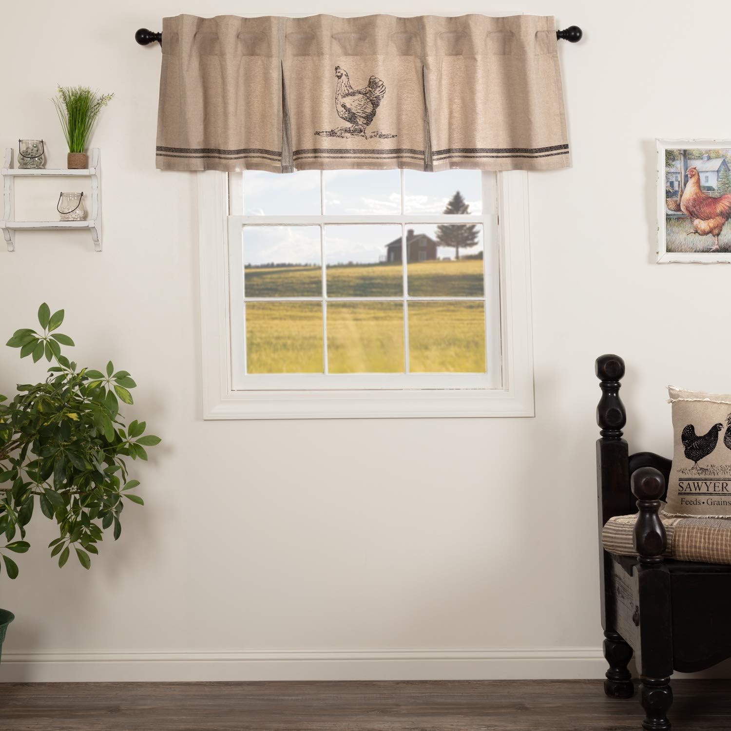 VHC Brands Sawyer Mill Chicken Nature Print Chambray Cotton Farmhouse Kitchen Curtains Rod Pocket Hanging Loops Inverted Pleats 20x72 Valance, Charcoal