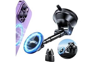 HTU【Upgrade Magnet for Magsafe Car Mount【360°Suction Cup & Alloy Telescopic Arm】 Handsfree Powerful Magnetic Cell Phone Holder for Car Dashboard Windshield for iPhone 15 14 13 12 Pro Max Mini, Black
