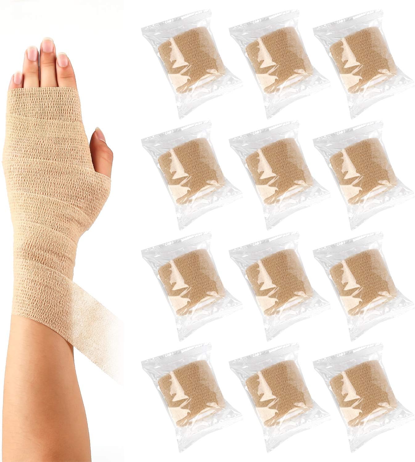 Self Adherent Cohesive Wrap Bandages 2 Inches X 5 Yards, 12 Count, First Aid Tape, Elastic Self Adhesive Tape, Athletic, Sports wrap Tape, Bandage Wrap for Sports, Wrist, Skin Colour Athletic Tape: Health & Personal Care