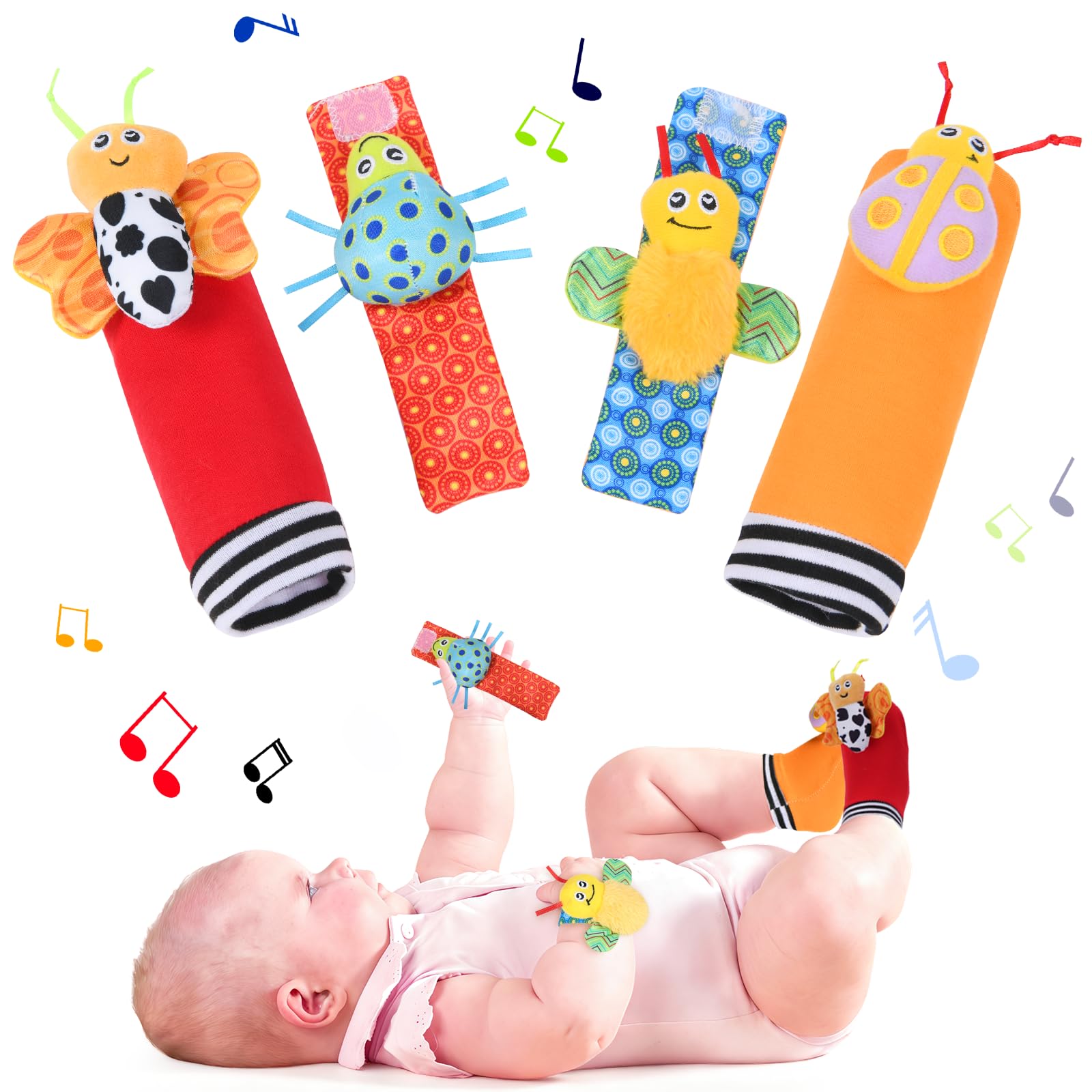 Vicloon Baby Rattle Socks Wrist Strap Rattles Set, 4pcs Baby Wrist Rattles Toys, Foot Finders & Wrist Rattles for Infants, Baby Rattle Toy Animal Wrist Rattle Soft Bell Gift for 0-6 Month (Insect