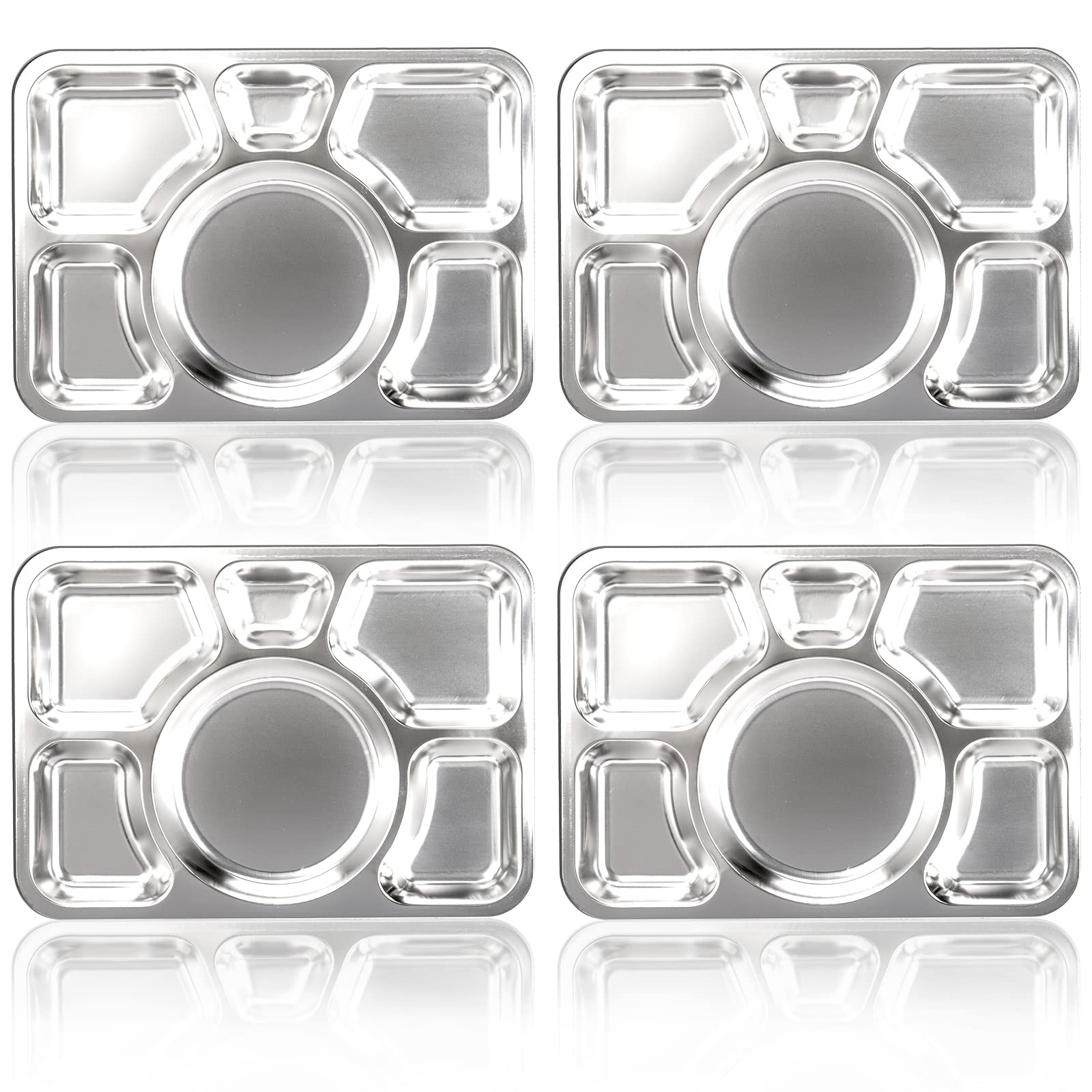 Photo 1 of Hacaroa 4 Pack Stainless Steel Divided Dinner Plates, 15x10.6 Inches Snack Serving Plate with 6 Compartment, Metal Food Trays for Adults, Diet Food Portion Control, Picky Eaters
