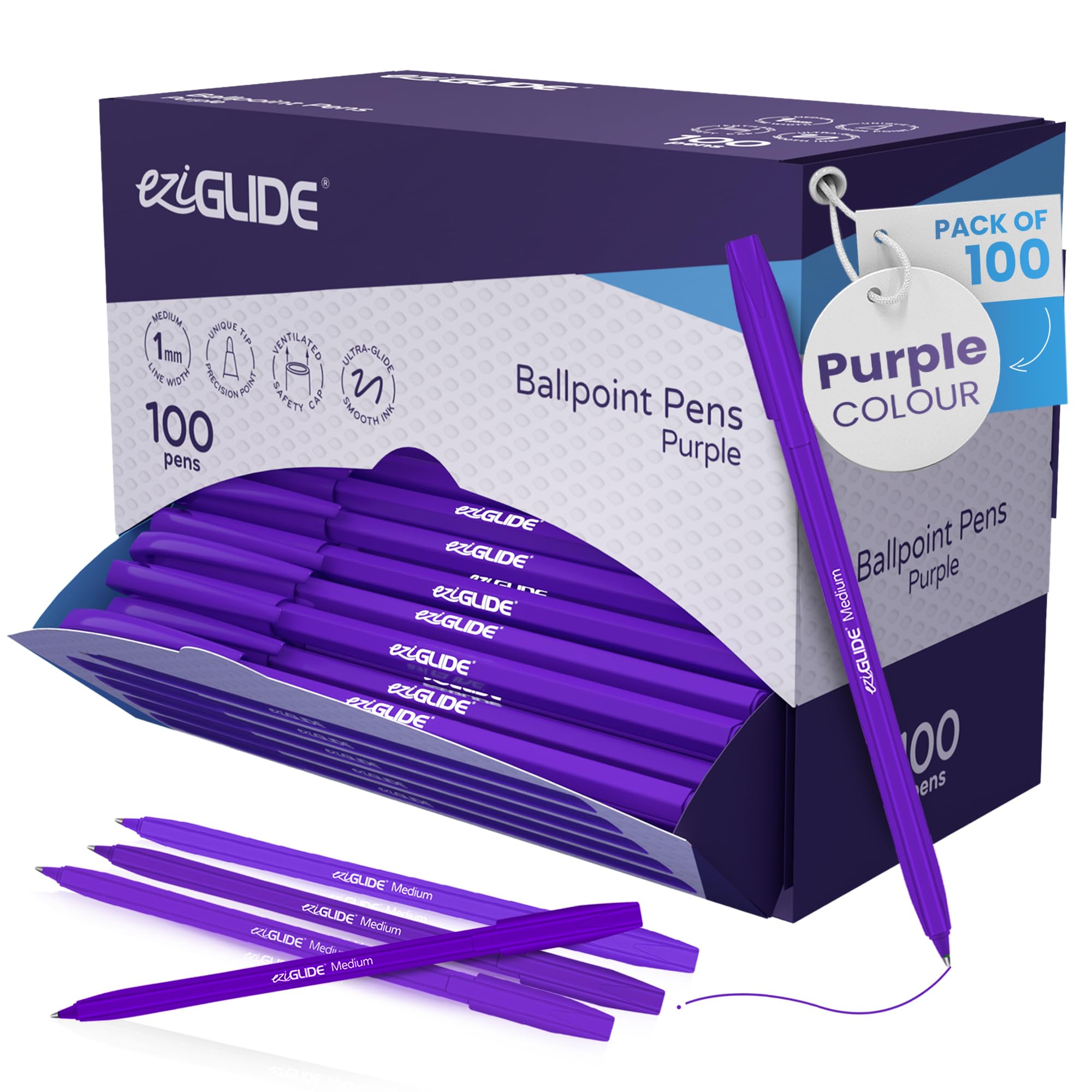 Eziglide 100-Pack Ballpoint Pen Set, Purple – Medium Point Nib (1.0mm) for Smooth Writing & Easy Grip – Multipack Purple Biro, Ideal for School, Home, Work, Exams & Stationery Use
