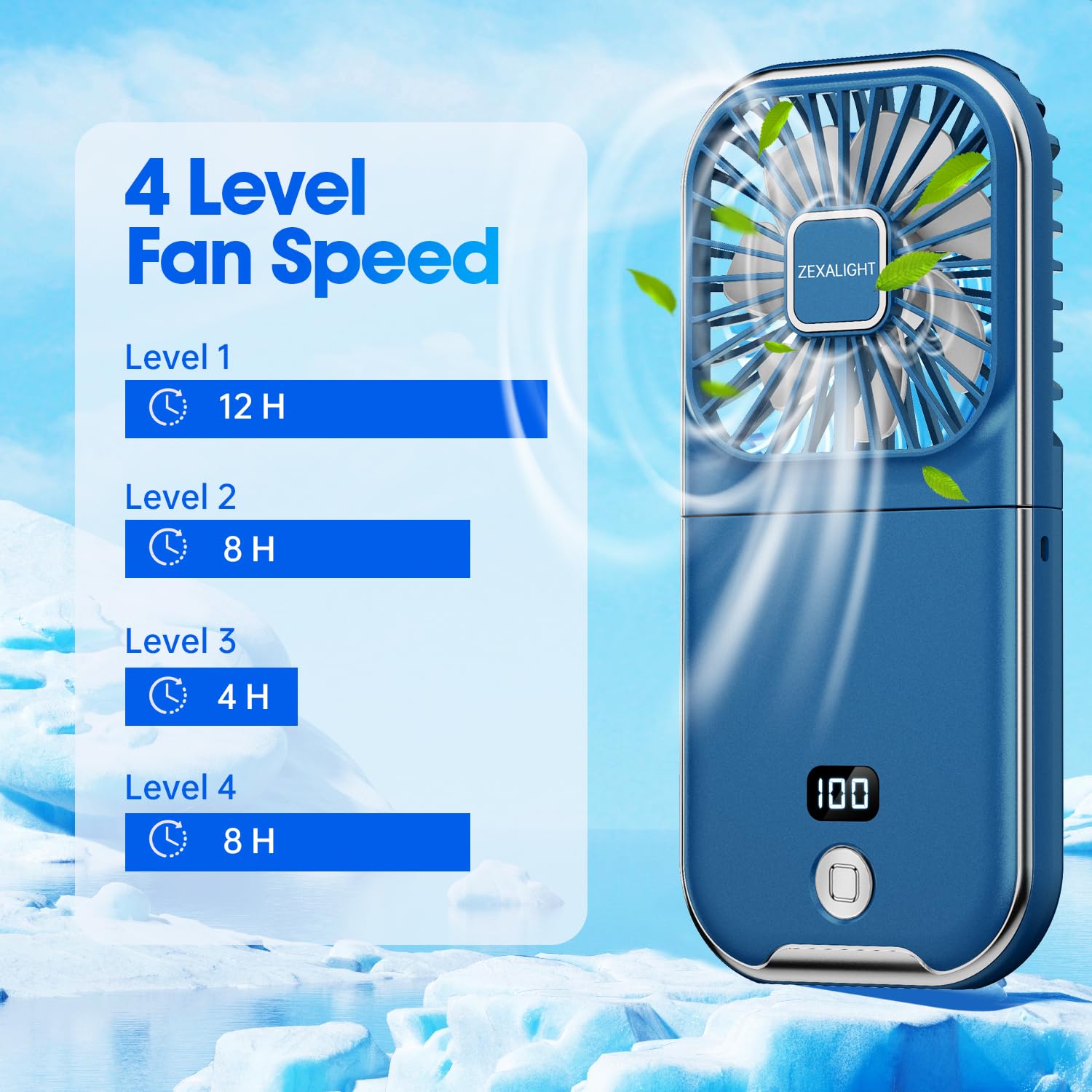 USB Rechargeable Upgraded 5-in-1 Portable Handheld Fan, Necklace Fan, Mini Desk Fan, Foldable Phone Stand, 4 Speeds Airflow, Quiet Personal Fans with LED Digital Screen (Blue)