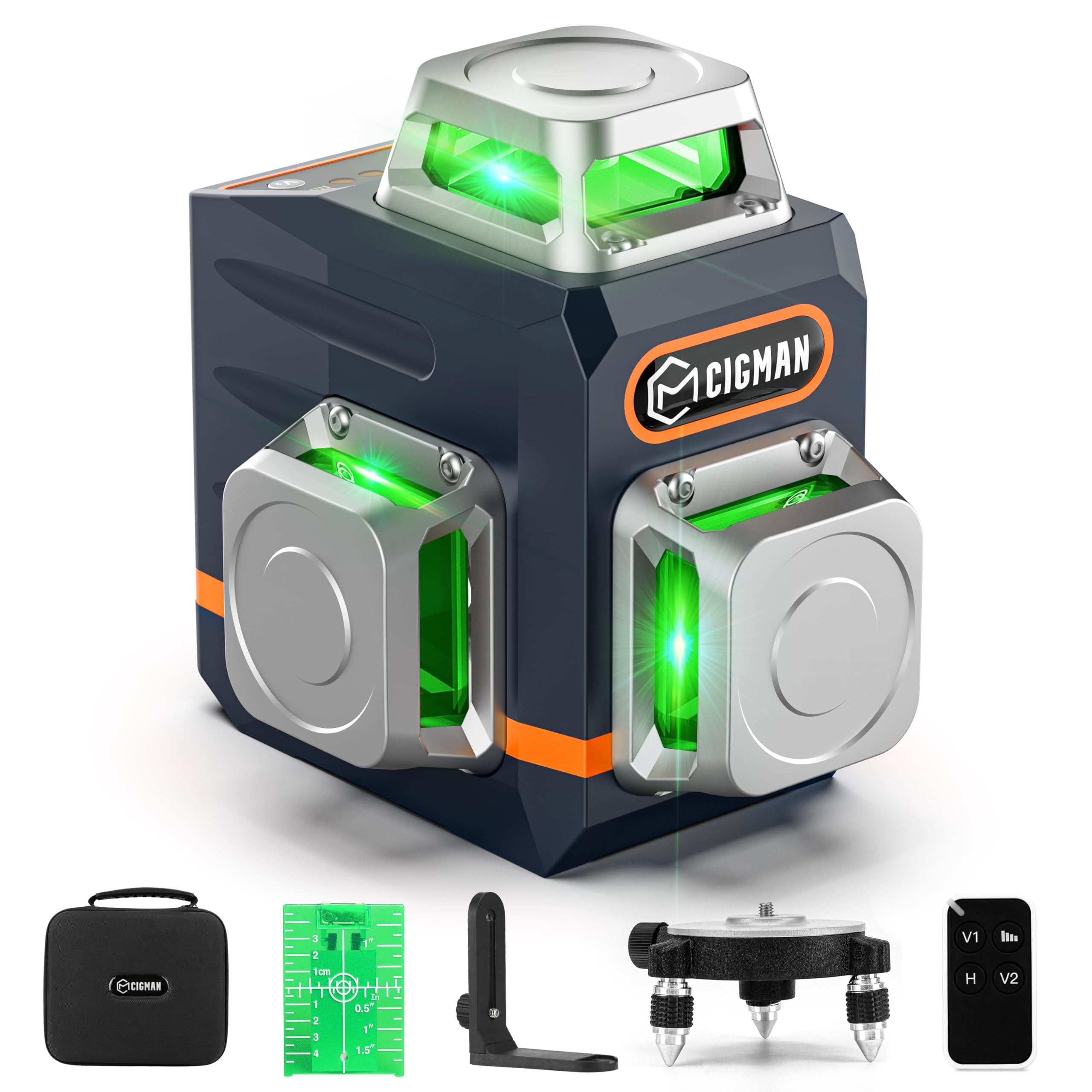 Photo 1 of CIGMAN Laser Level Self Leveling 3x360° 3D Green Cross Line for Construction and Picture Hanging, Rechargeable battery, Remote Controller, Magnetic Rotating Stand Included