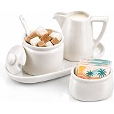 ZENFUN Set of 4 Porcelain Creamer and Sugar Set with Saucer, Sugar Bowl with Lid and Spoon, Cream Pitcher, Sweetener Holder, Coffee Serving Set for Kitchen Home Cafe Christmas Party, Restaurant
