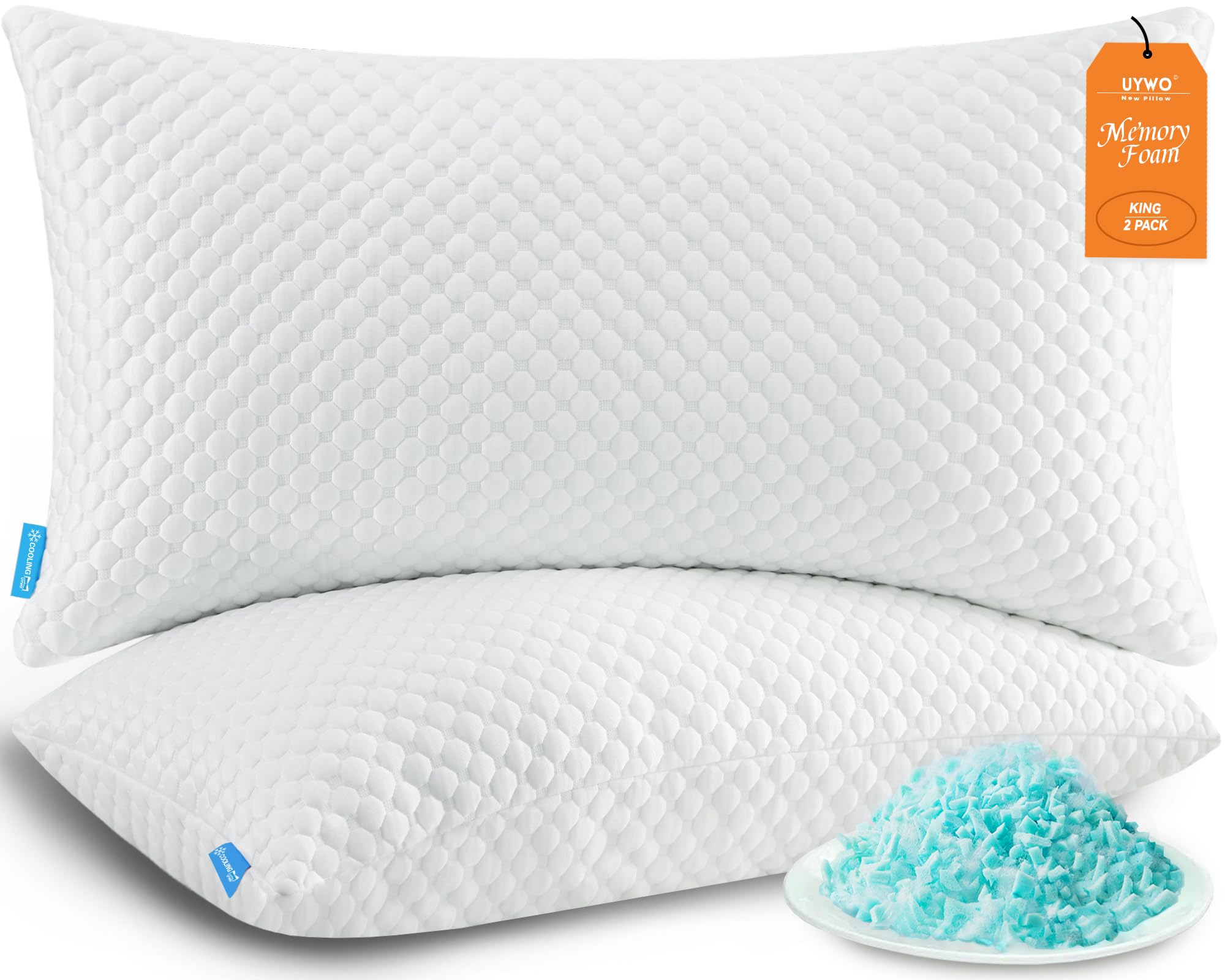 Photo 1 of UYWO Cooling Pillows King Size Set of 2, Memory Foam Pillows with Zipper, Firm Bed Pillows Adjustable for Hot Side Back Stomach Sleepers