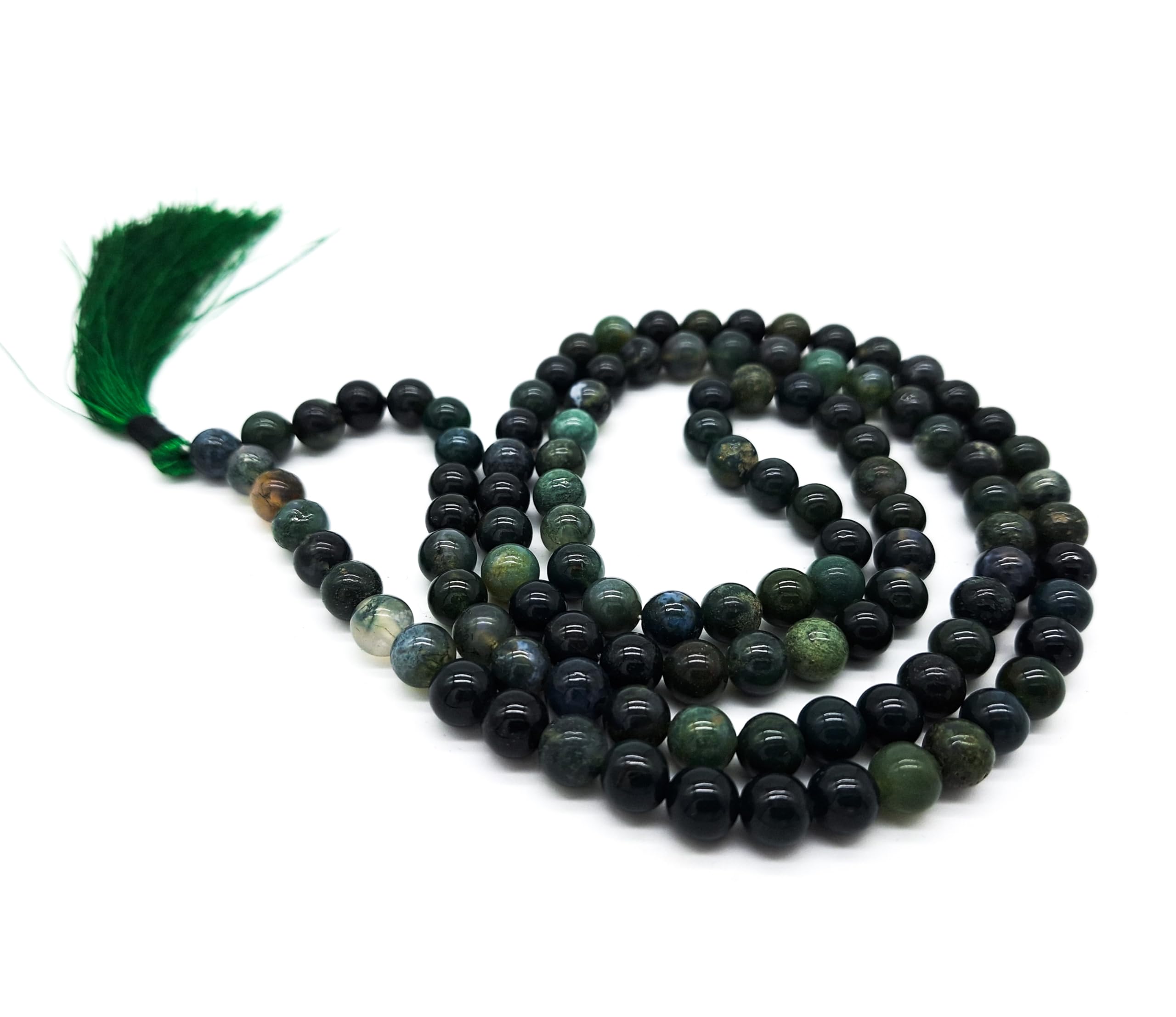AB India Crafts Genuine Gemstone Moss Agate 108 Japa Mala Necklace (Beads 8 mm) in Jewellery Box | Meditation Spirituality Healing Yoga India