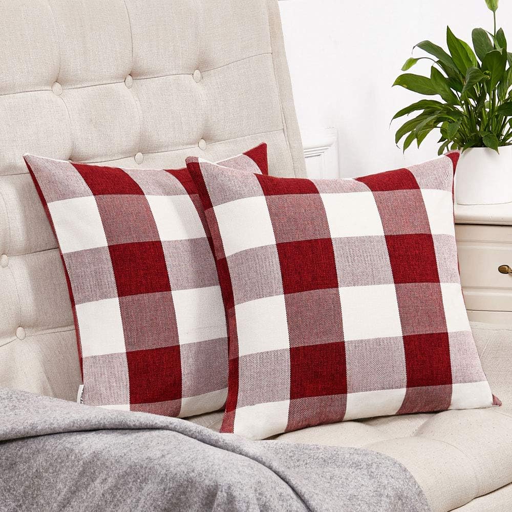 Anickal Set of 2 Burgundy and White Buffalo Check Plaid Throw Pillow Covers Farmhouse Decorative Square Pillow Covers 24x24 Inches for Farmhouse Home Decor