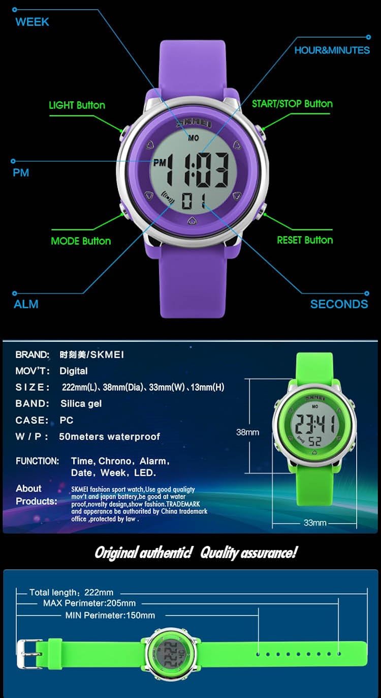 Fanmis Multifunction Digital LED Watches Water Resistant Children Girls Boys Outlook Sports Watch Green: Watches
