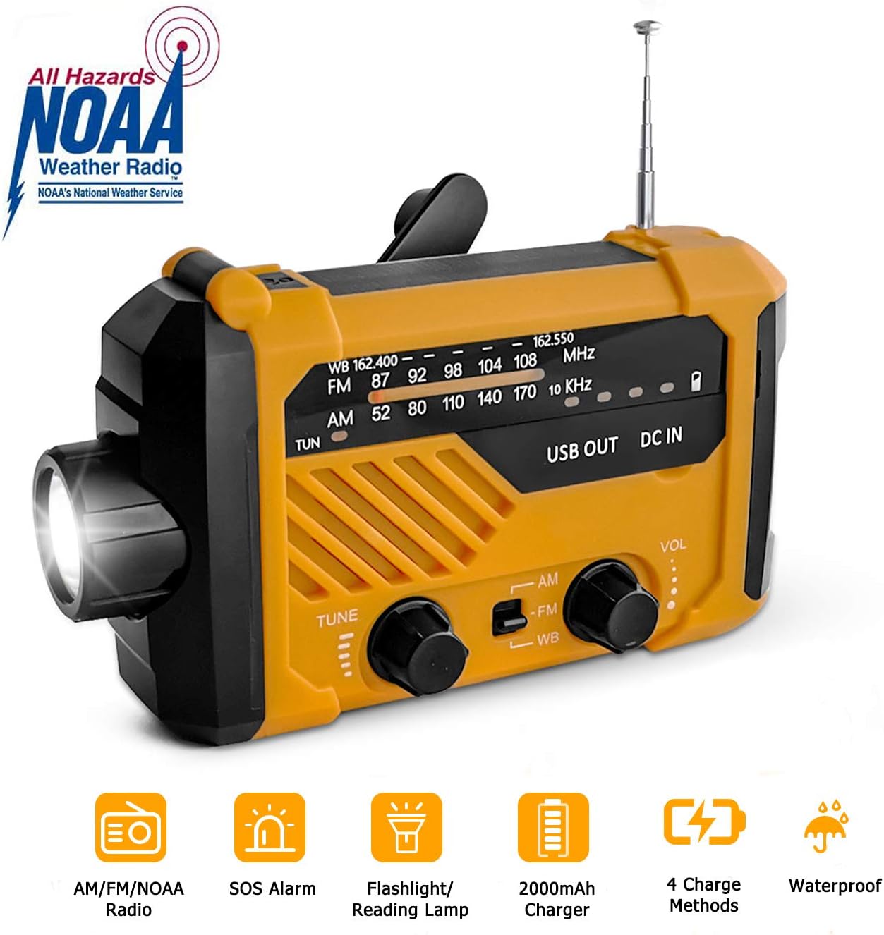 Emergency Weather Alert Radio, USFY Portable Solar Powered Hand Crank Radio, 4 Way Charging, SOS Alarm, LED Flashlight/Reading Lamp, AM FM NOAA Radio - Orange: Home Audio & Theater