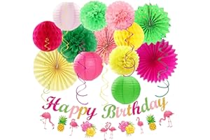 Hawaiian Luau Birthday Party-Decorations Supplies - 21pcs Happy Banner,Beach Paper Lanterns Honeycomb,Flamingo Pool Streamers Garland,Summer Tissue Pom Poms Flowers Fans,Tropical Tiki Decor Burgleda