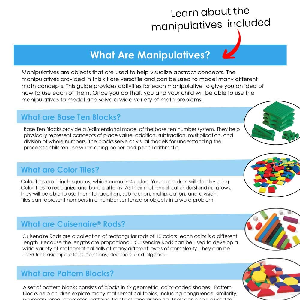 hand2mind-93538 Take Home Math Manipulatives Kit for Kids Grade K-2, with Snap Cubes, Base Ten Blocks, Cuisenaire Rods, Pattern Blocks, Color Tiles and Learning Clock, Homeschool Supplies (292 Pieces)