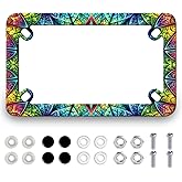 Motorcycle Colorful Mandala Print License Plate Frame Abstract Stainless Steel Motorbike License Plate Holder Tag Holder Decoration Funny Motorcycle Accessory 7.7