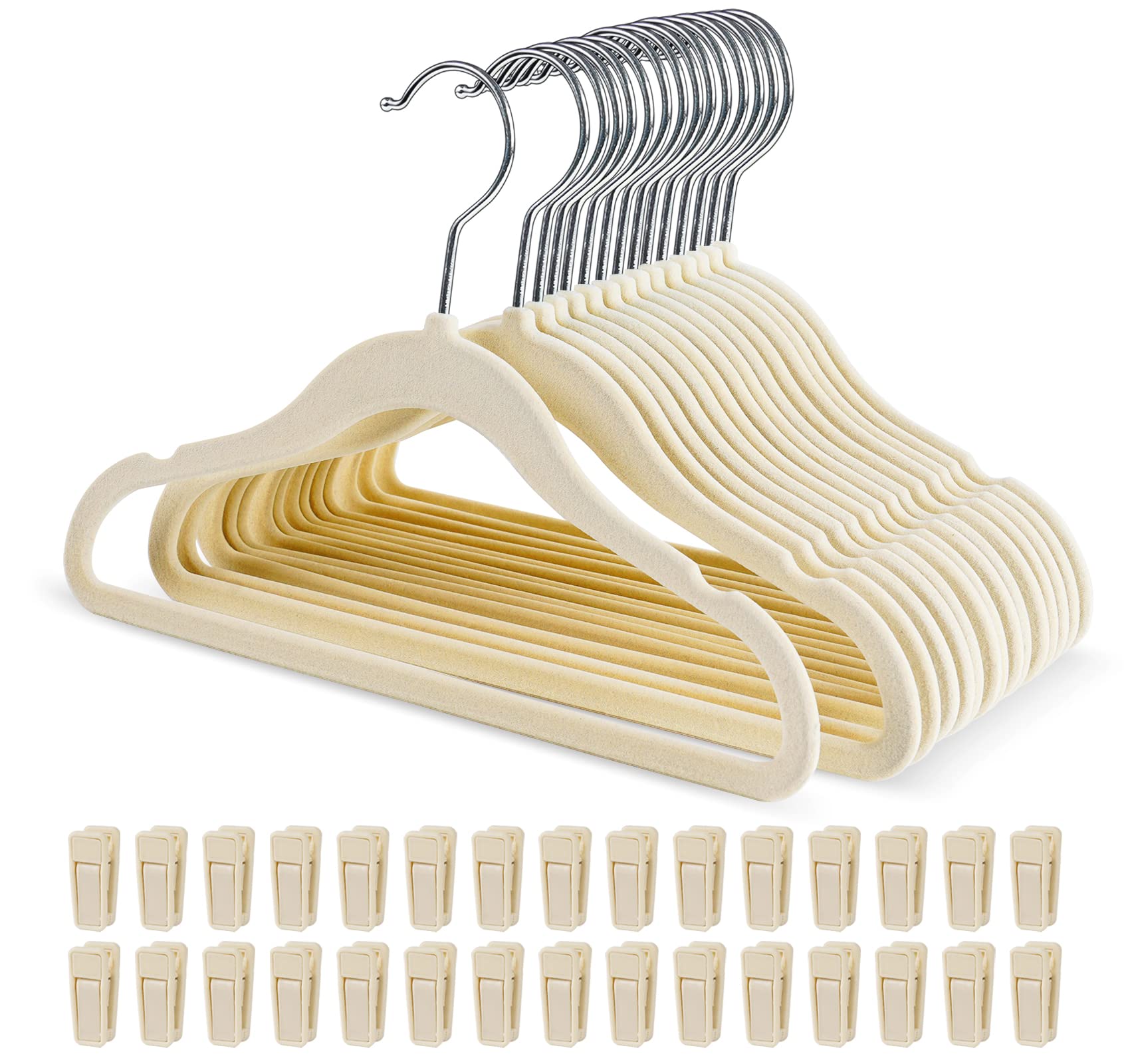HOUISM Kids Velvet Hangers with 30 Finger Clips Ivory, Non-slip Children Clothes Hangers, Ultra-Slim Space Saving Hangers for Baby Toddler and Nursery Clothes Sets-15Pack — image 1