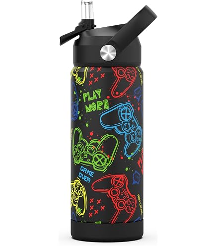 Skyflora Isolierte Wasserflasche Mit Game-Controller Design – 530 Ml, Doppelwandig, 2 Deckel
