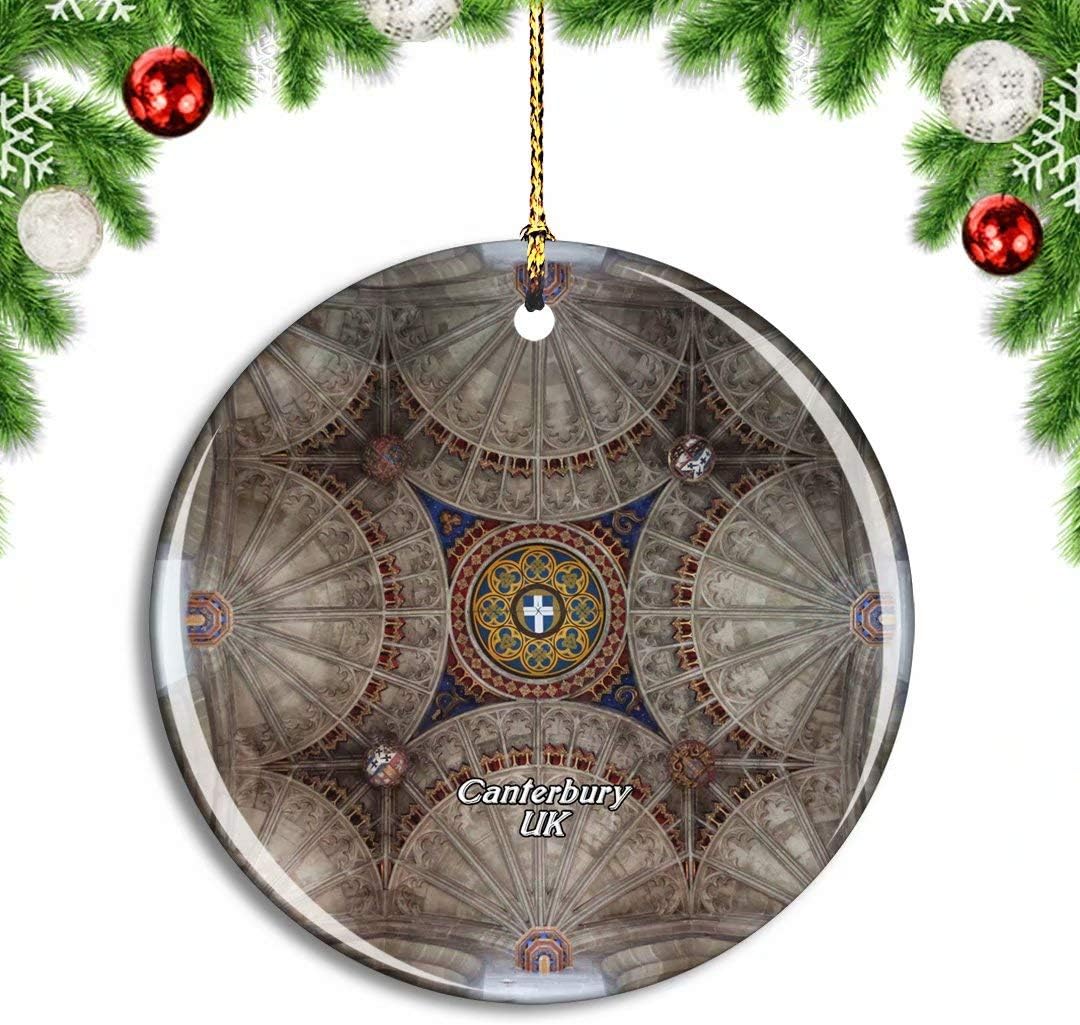Weekino UK England Canterbury Cathedral Christmas Xmas Tree Ornament Decoration Hanging Pendant Decor City Travel Souvenir Collection Double Sided Porcelain 2.85 Inch
