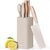 Astercook Knife Set, 6-Piece Kitchen Knife Set with Block, High Carbon Stainless Steel Ultra Sharp Kitchen Knives, Wood Grain Handle, Dishwasher Safe Knife Block Set, Khaki, Kitchen Utility Knives
