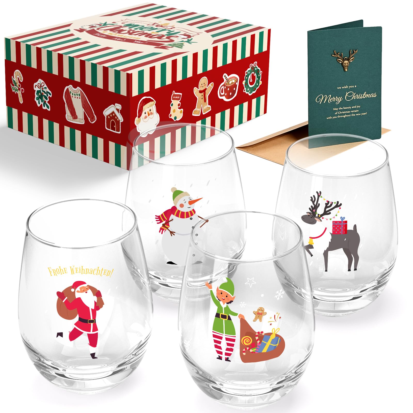 Joymaking Christmas Wine Glasses Set of 4 - Drinking Glassware for Mulled Wine, Happy Holiday Glass 17oz