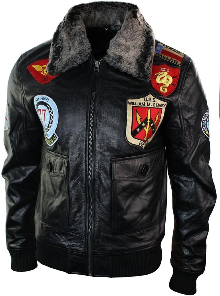 Mens Real Leather US Aviator Air Force Pilot Flying Bomber Jacket Black Fur Collar