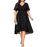 Talisea Plus Size Cocktail Dress - Formal Wedding Guest Fall Long Sleeve A Line Pleated V Neck Midi Dresses for Curvy Women